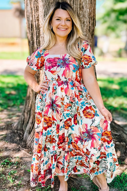Plus Size White Floral Square Neck Puff Sleeve Midi Dress - Plus Size Clothing