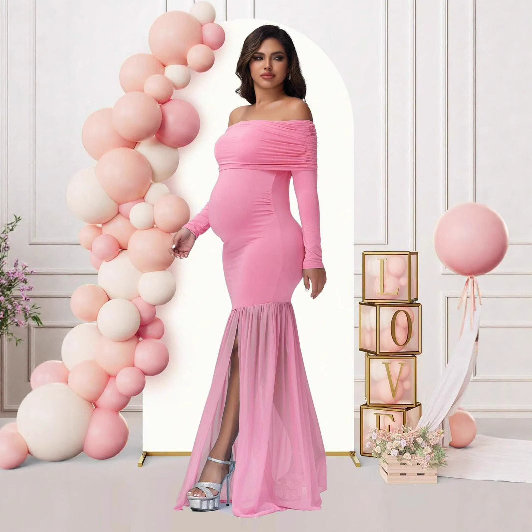Elegant Fitted Bodycon Mesh Splicing Formal Maternity Dress - Plus Size Clothing