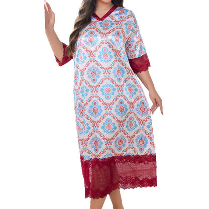 Plus Size Summer Long Nightgown V-Neck — front view