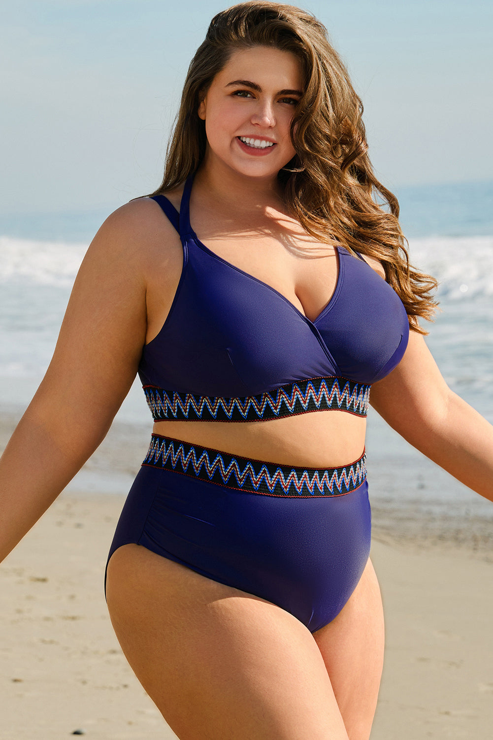 Plus Size High Waisted Embroidered Trim Wrap Bikini