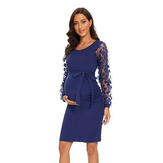 Floral Patchwork Long Sleeve Round Neck Fitted Maternity Dress - Plus Size Clothing