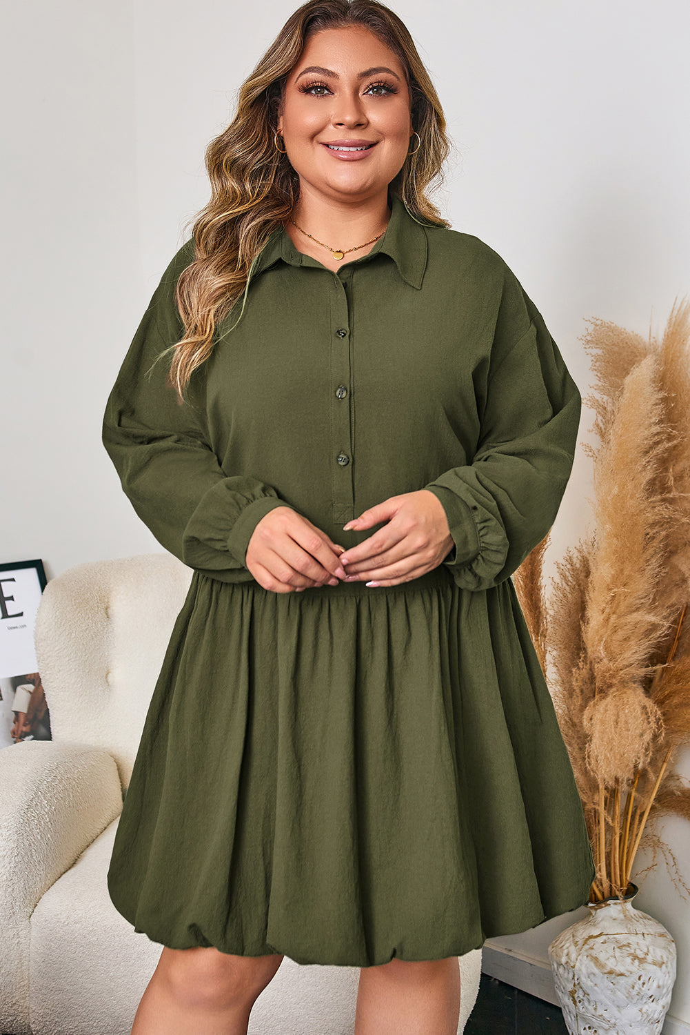 Plus Size Collar Half Button Long Sleeve Mini Dress - Plus Size XL-4XL - View 6