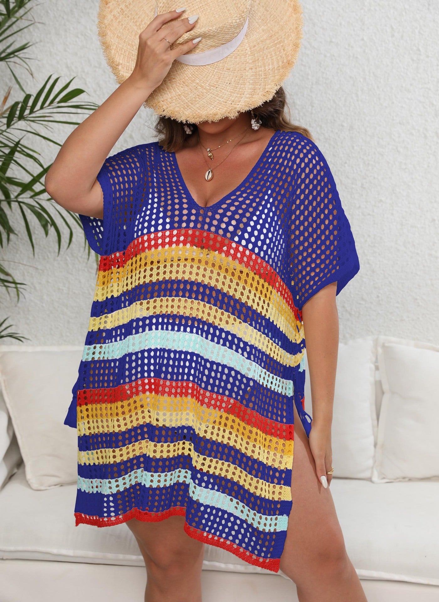 Plus Size Striped Beach Bikini Cover-Up Dress