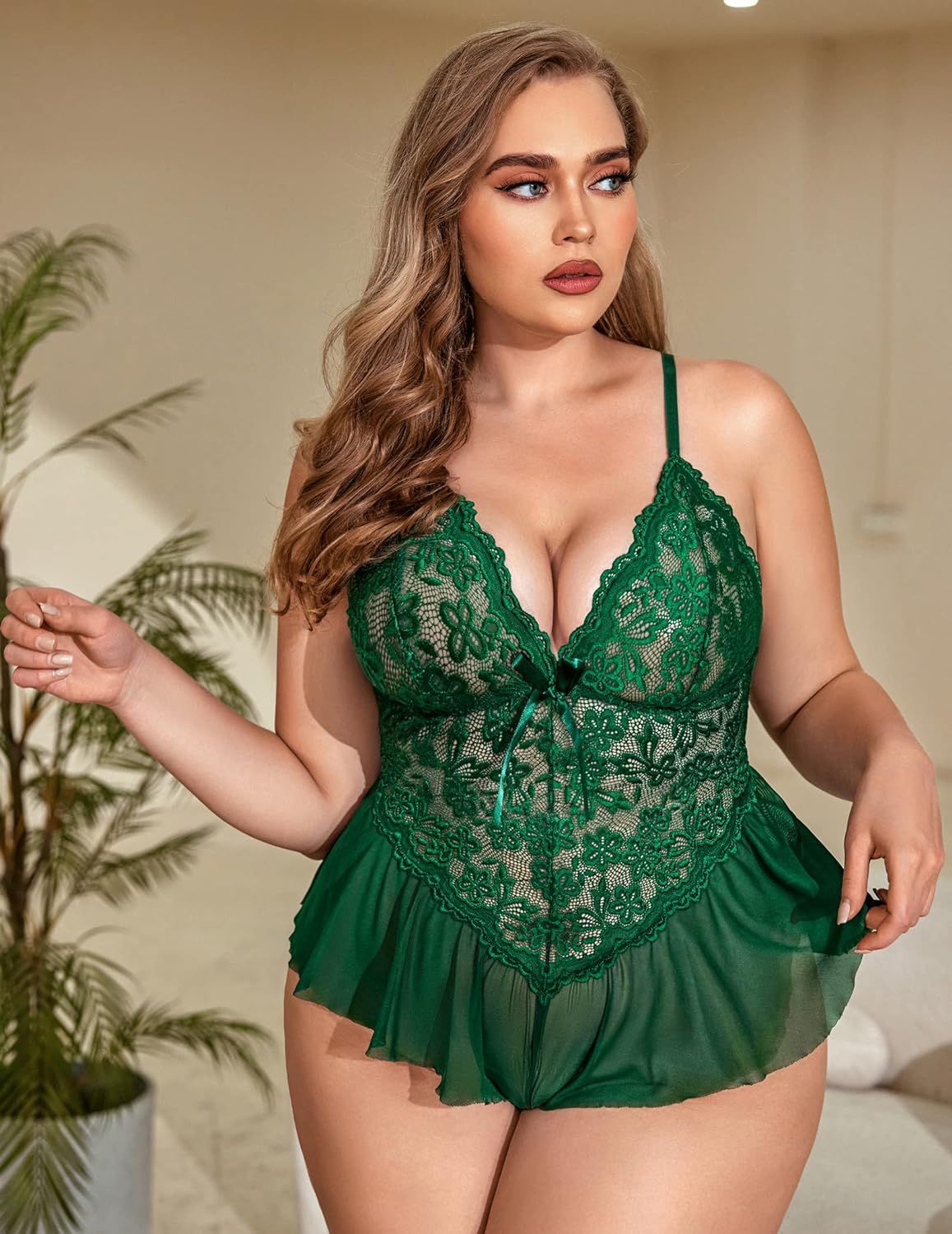 Plus Size Sexy Lace Deep V-Neck Sleepwear Dress