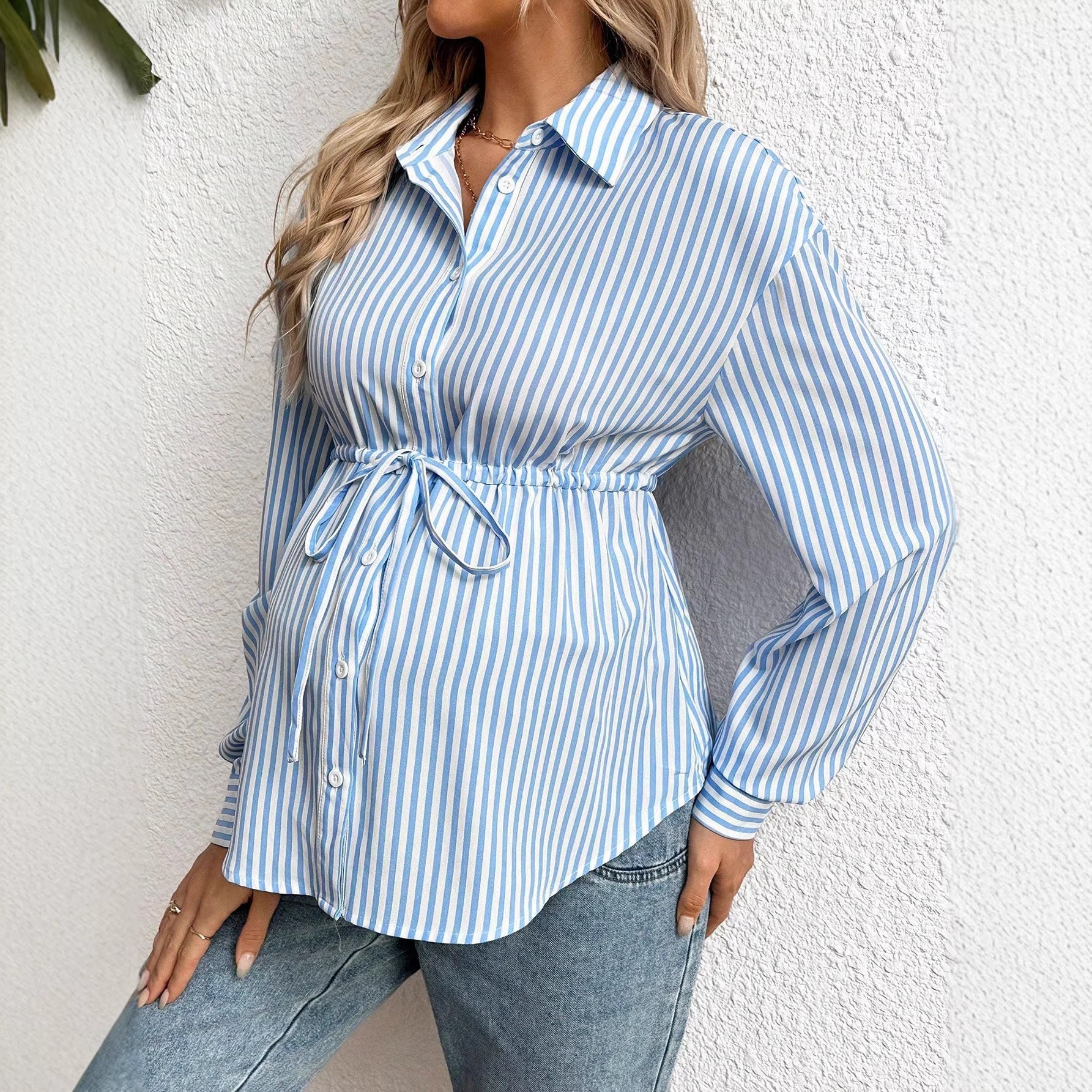 maternity clothing striped flip collar shirt long sleeve fitted waist mid-length blouse - Plus Size Clothing