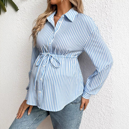 maternity clothing striped flip collar shirt long sleeve fitted waist mid-length blouse - Plus Size Clothing