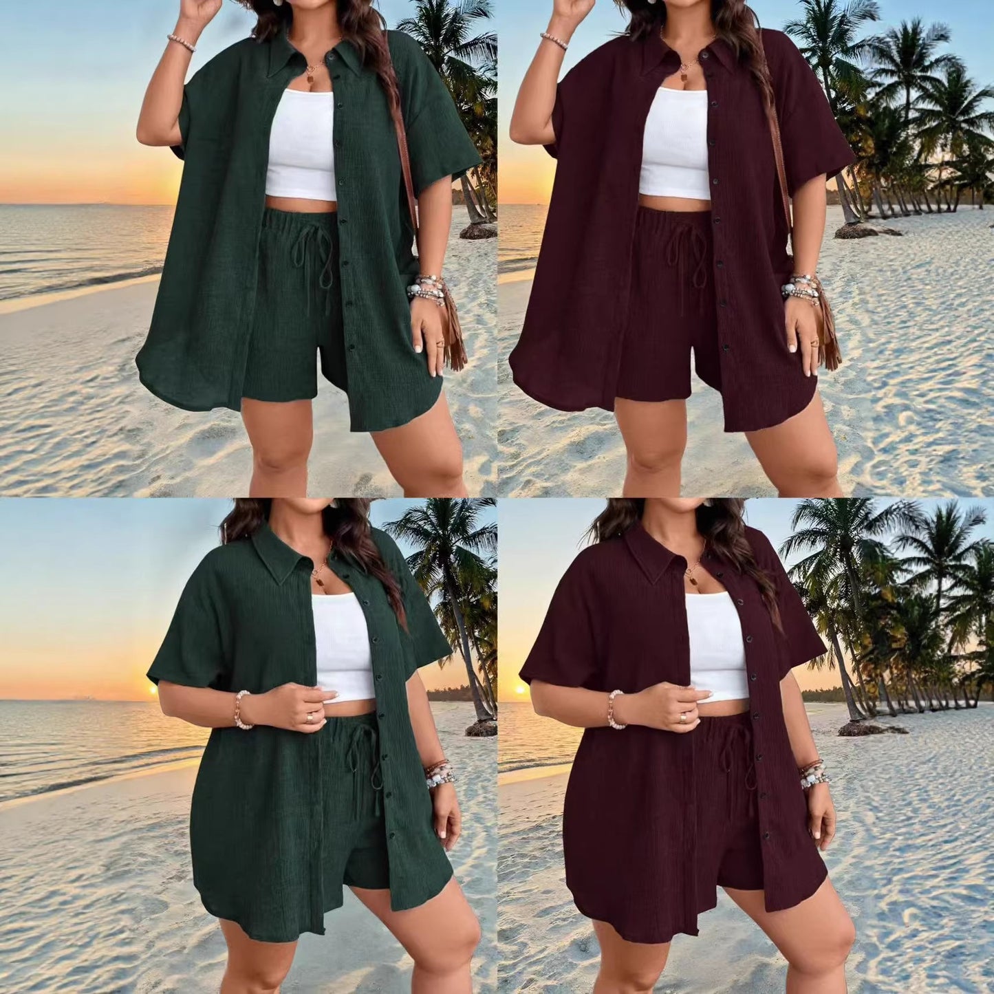 Plus Size Solid Color Vacation Button-Up Cardigan Shorts Set