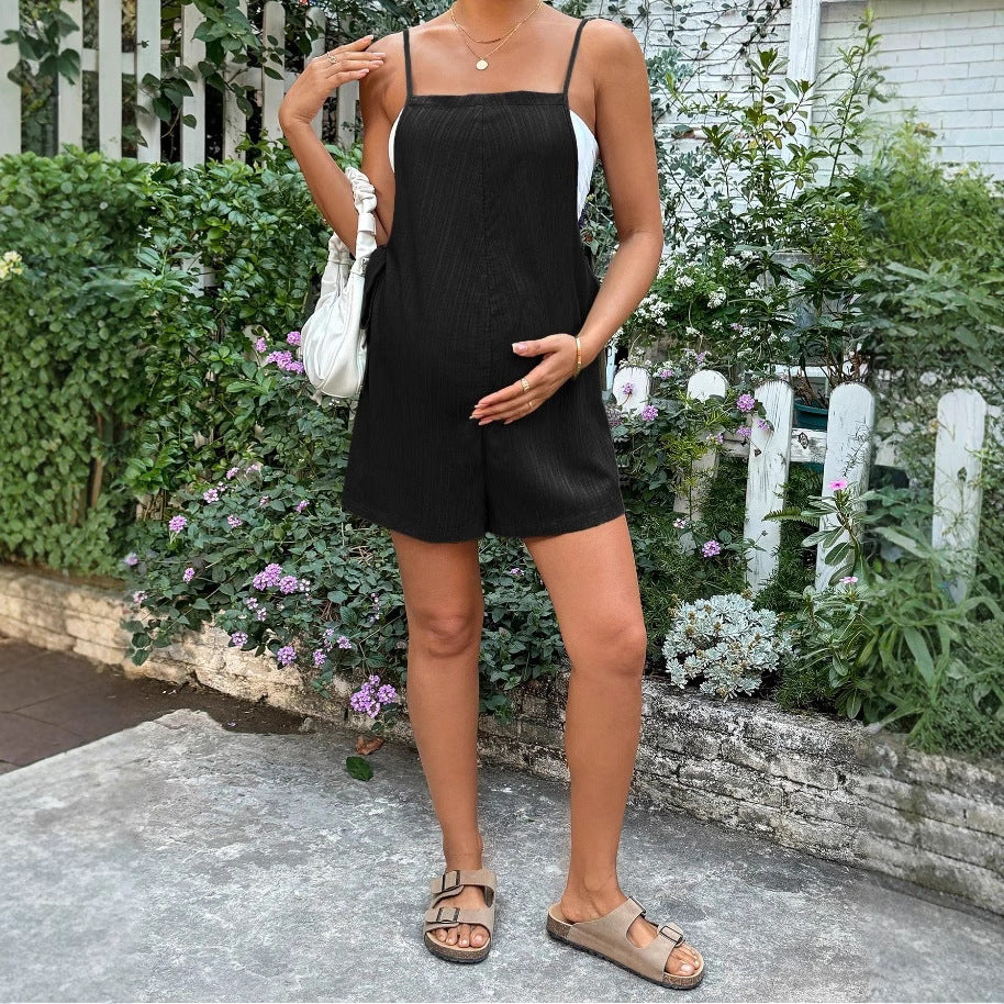 Lightweight Loose Fit Maternity Five-Point Shorts with Adjustable Waistband and Shoulder Straps - Plus Size Clothing