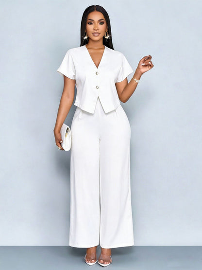 Plus Size V-Neck Cardigan Wide Leg Pants Two-Piece Set
