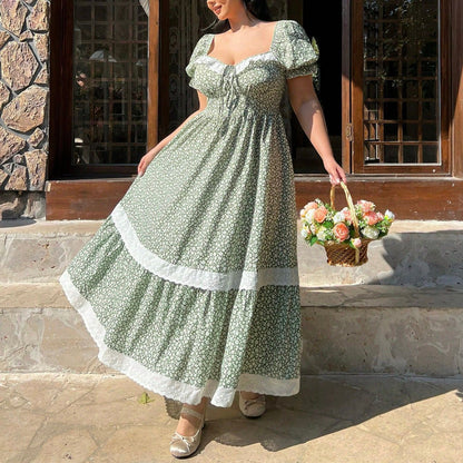 Plus Size Puff Sleeve Summer Dress Square Neck - Plus Size Clothing