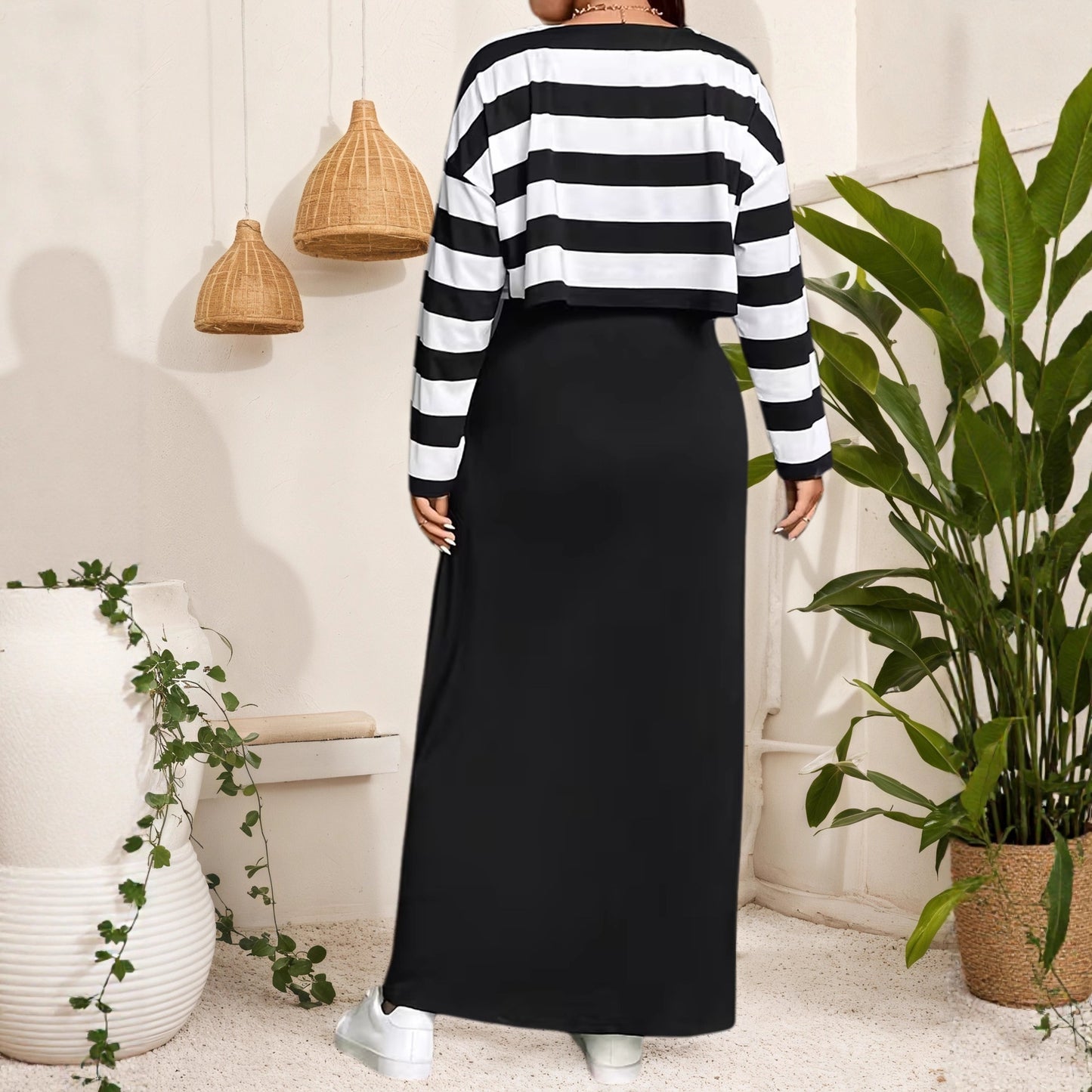 Plus Size Elegant Long Dress Set Striped