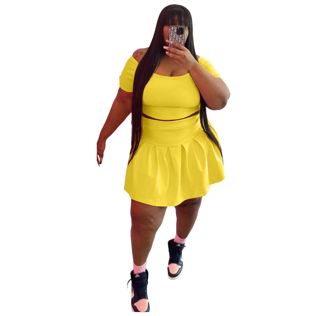 Plus Size Pleated Skirt Two Piece Set