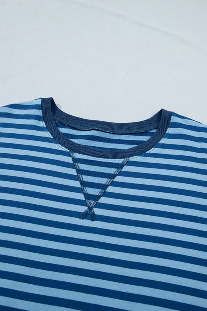 Plus Size Blue Striped Dropped Shoulder Tee and Shorts Set - Plus Size XL-4XL - View 5