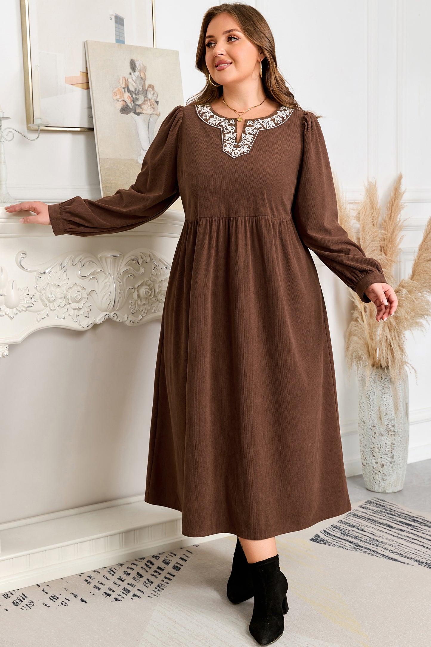 Plus Size Embroidered Notched Neck Pleated Midi Dress - Plus Size XL-4XL - View 6