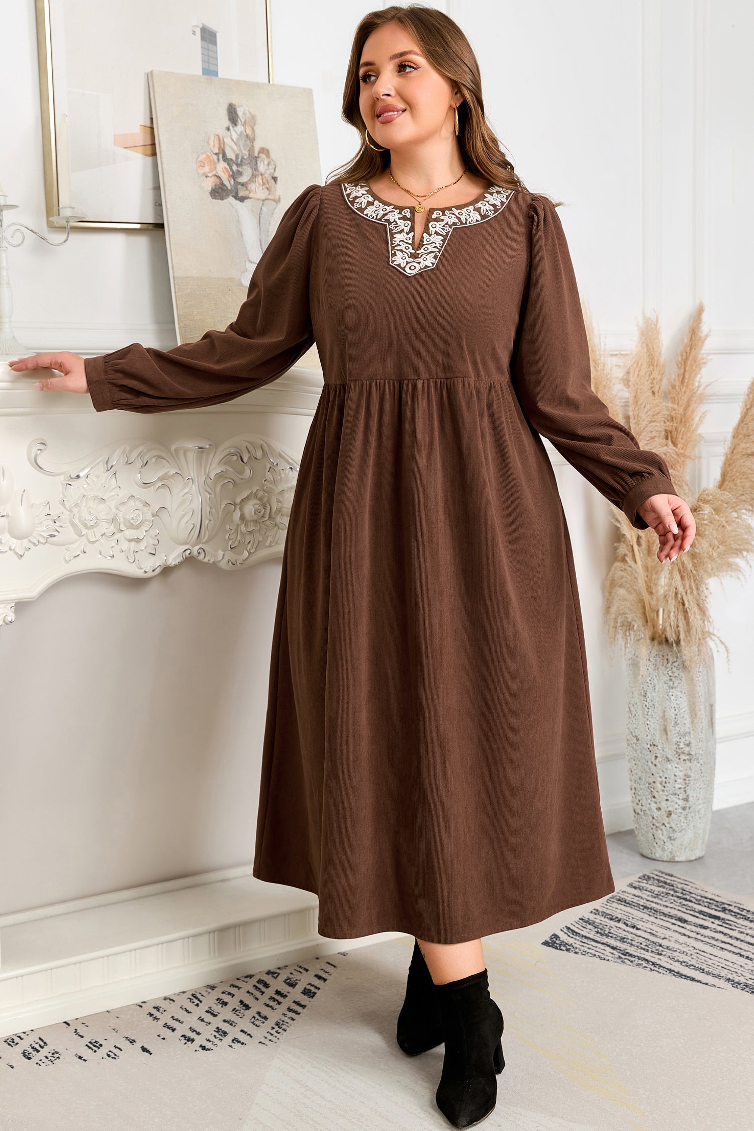 Plus Size Embroidered Notched Neck Pleated Midi Dress - Plus Size XL-4XL - View 6