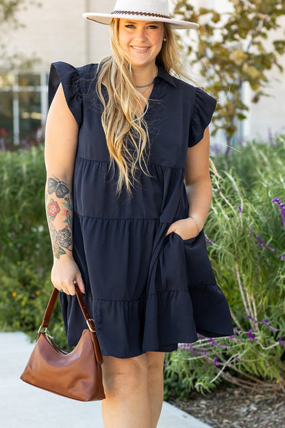 Plus Size Collared V Neck Flutter Sleeve Tiered Dress - Plus Size XL-4XL - View 5