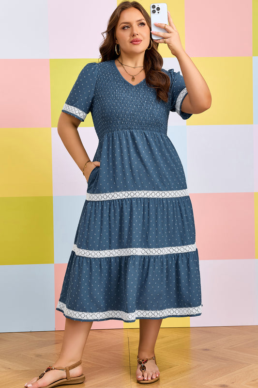 Plus Size V Neck Swiss Dot Lace Midi Dress - Plus Size XL-4XL - View 1