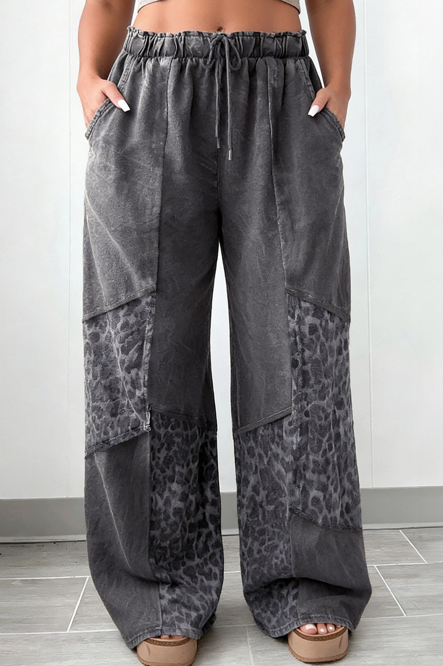 Plus Size Leopard Patchwork Mineral Wash Wide Leg Pants - Plus Size XL-4XL - View 1