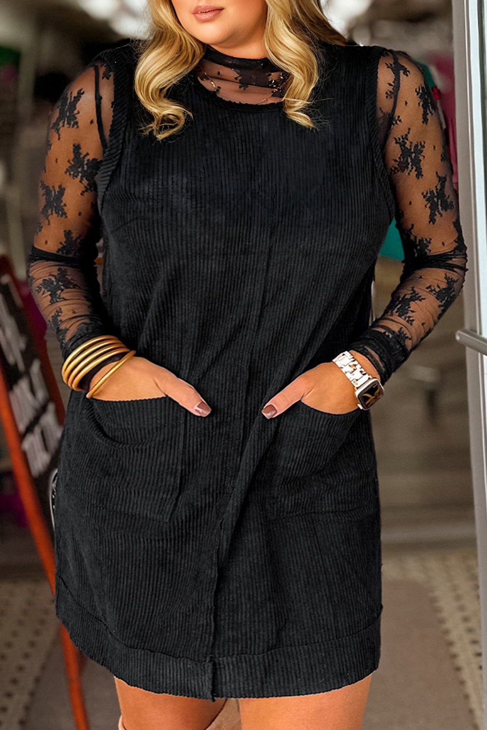 Plus Size Corduroy Patch Pocket Mini Dress