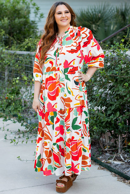 Plus Size Orange Floral Print Drawstring V Neck Tiered Dress - Plus Size XL-4XL - View 4