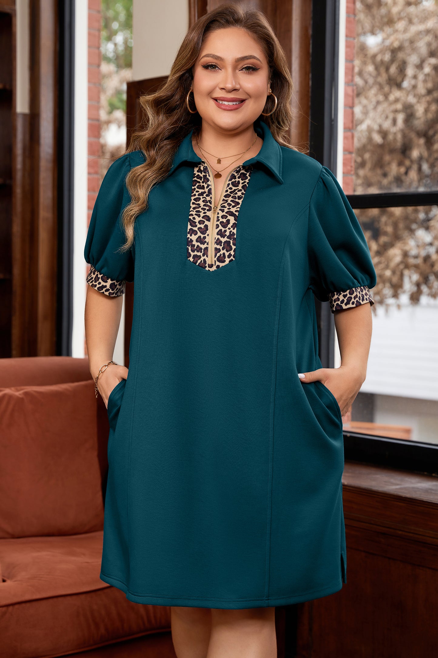 Plus Size Leopard Patchwork Quarter Zip Mini Dress - Plus Size XL-4XL - View 1