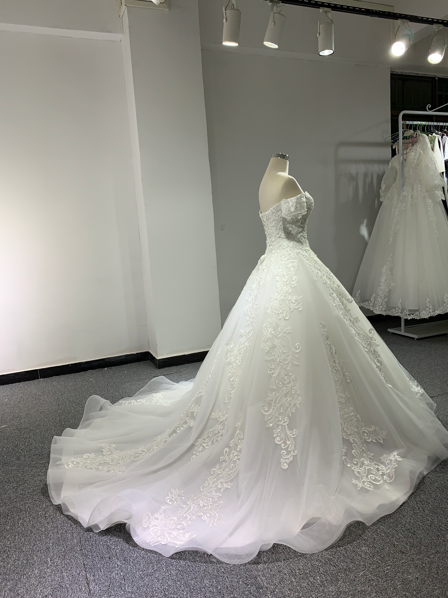 BYG chapel train off the shoulder lace wedding gown Ball gown wedding dress BYG Wedding Factory 