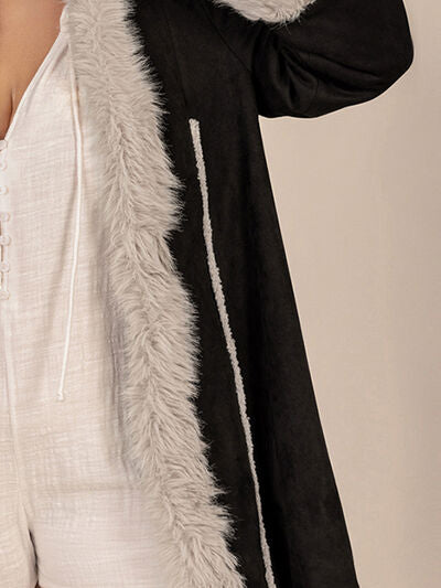 Plus Size Fuzzy Trim Open Front Hooded Coat - Plus Size XL-4XL - View 9