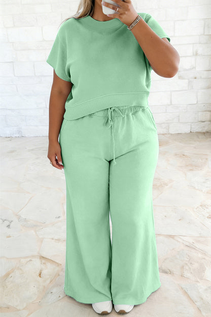 Plus Size Ribbed Short Sleeve Top and Drawstring Pants Set - Plus Size Clothing