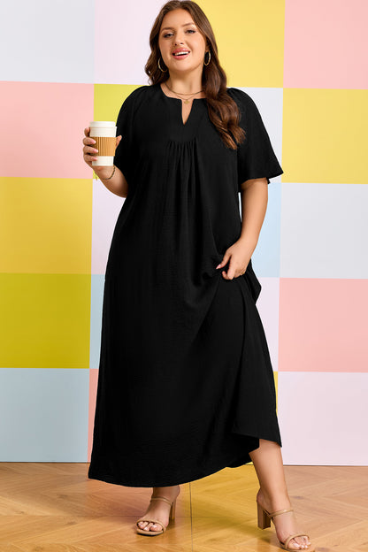 Plus Size Solid Notched Neck Short Sleeve Loose Dress - Plus Size XL-4XL - View 1