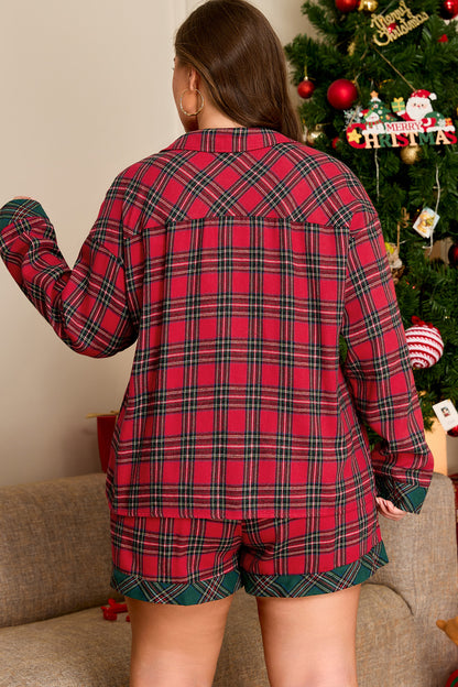 Plus Size Plaid Contrast Long Sleeve Shirt & Shorts Set - Plus Size XL-4XL - View 2