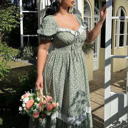 Plus Size Puff Sleeve Summer Dress Square Neck - Plus Size Clothing