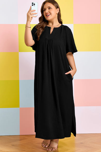 Plus Size Solid Notched Neck Short Sleeve Loose Dress - Plus Size XL-4XL - View 4