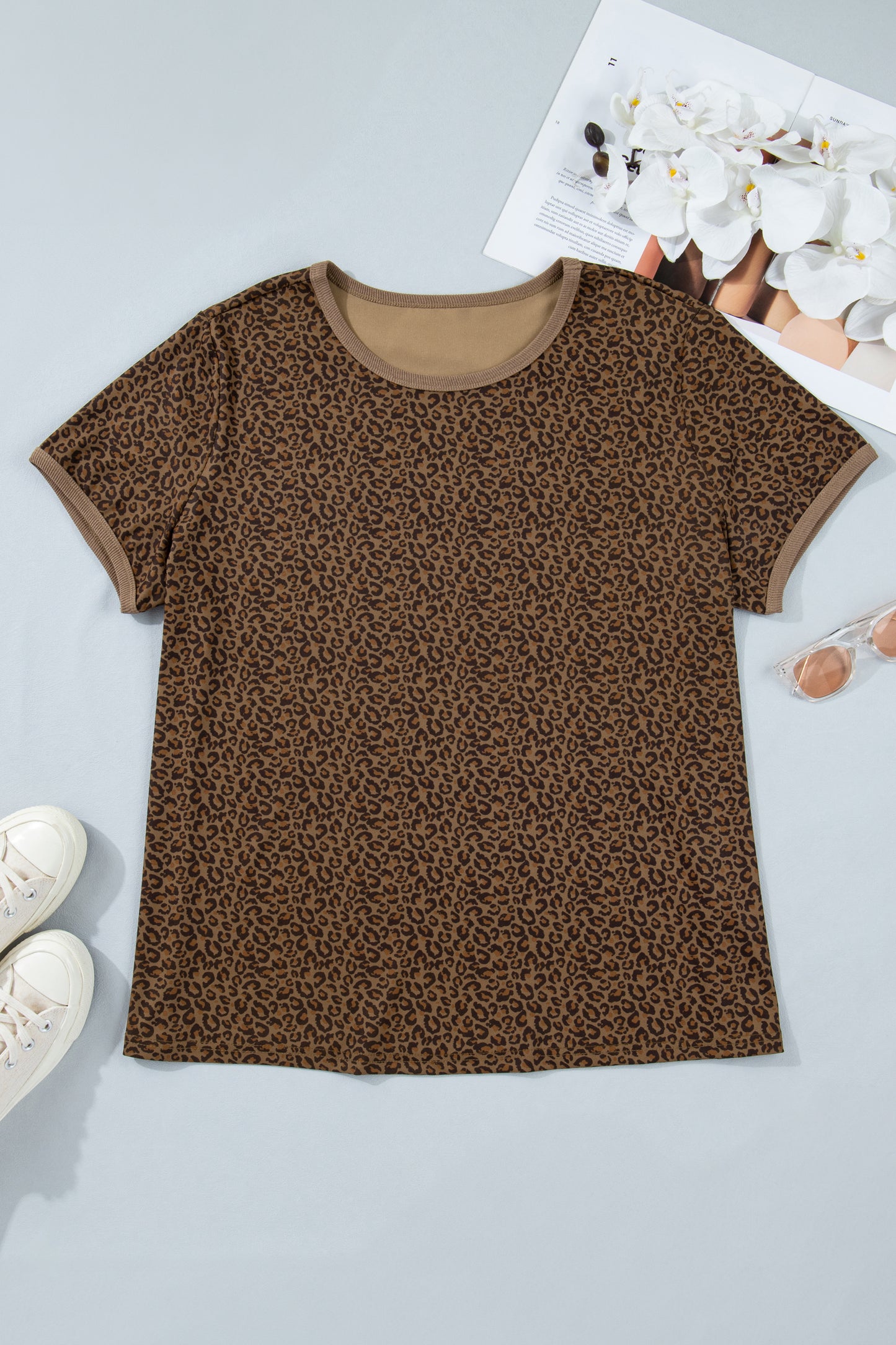 Plus Size Leopard Print Ribbed Trim Tee