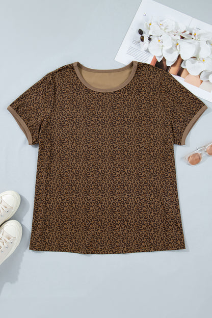 Plus Size Leopard Print Ribbed Trim Tee - Plus Size Clothing