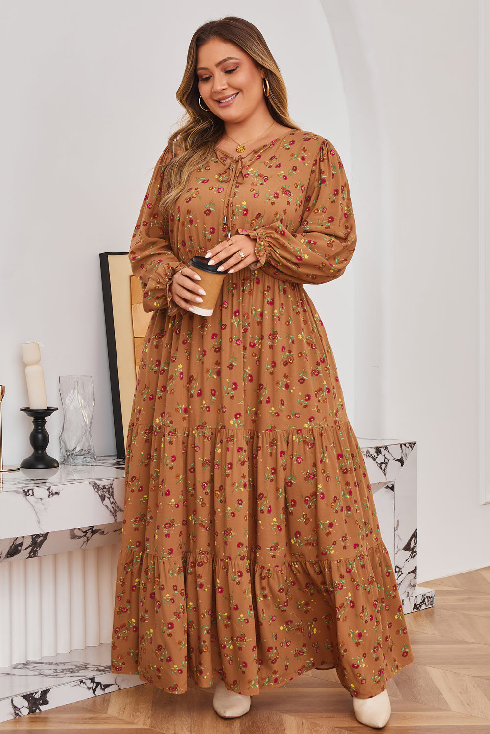 Plus Size Floral Split V Neck Ruffled Tiered Maxi Dress - Plus Size XL-4XL - View 8