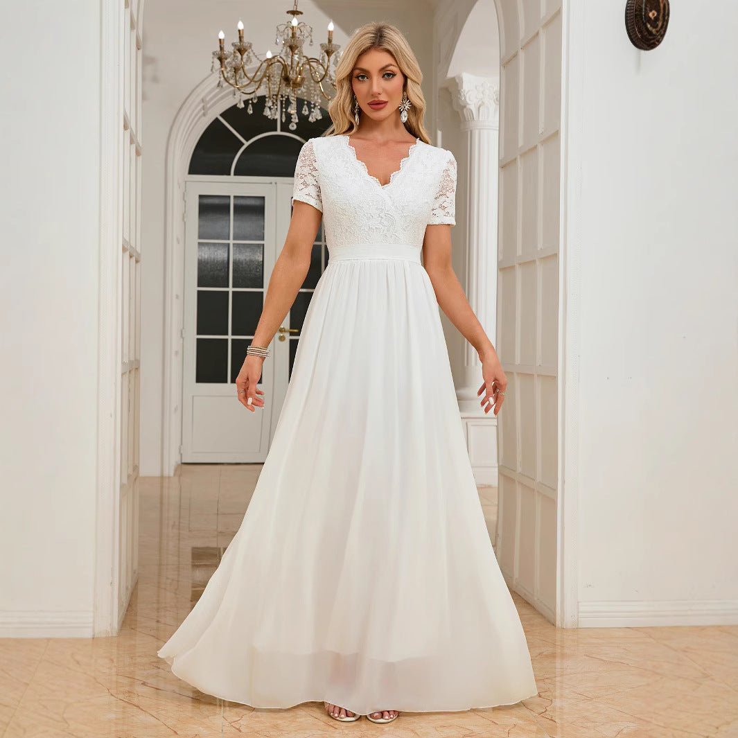 Plus Size Elegant Lace Trim Chiffon V-Neck Long Dress