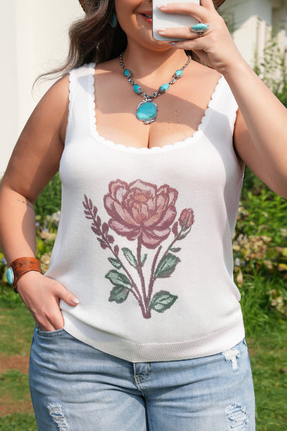 Plus Size Floral Scalloped Trim Square Neck Sweater Vest - Plus Size Clothing