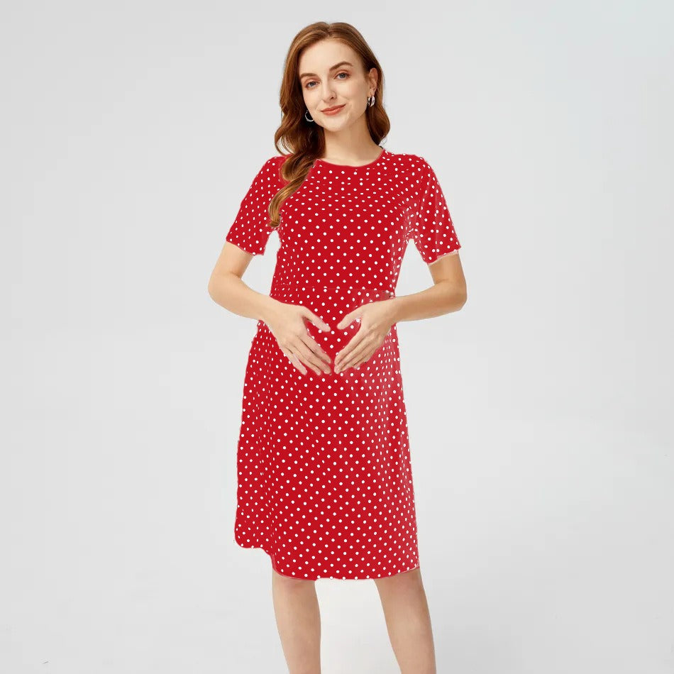 Plus Size Polka Dot Round Neck Short Sleeve Nursing Dress