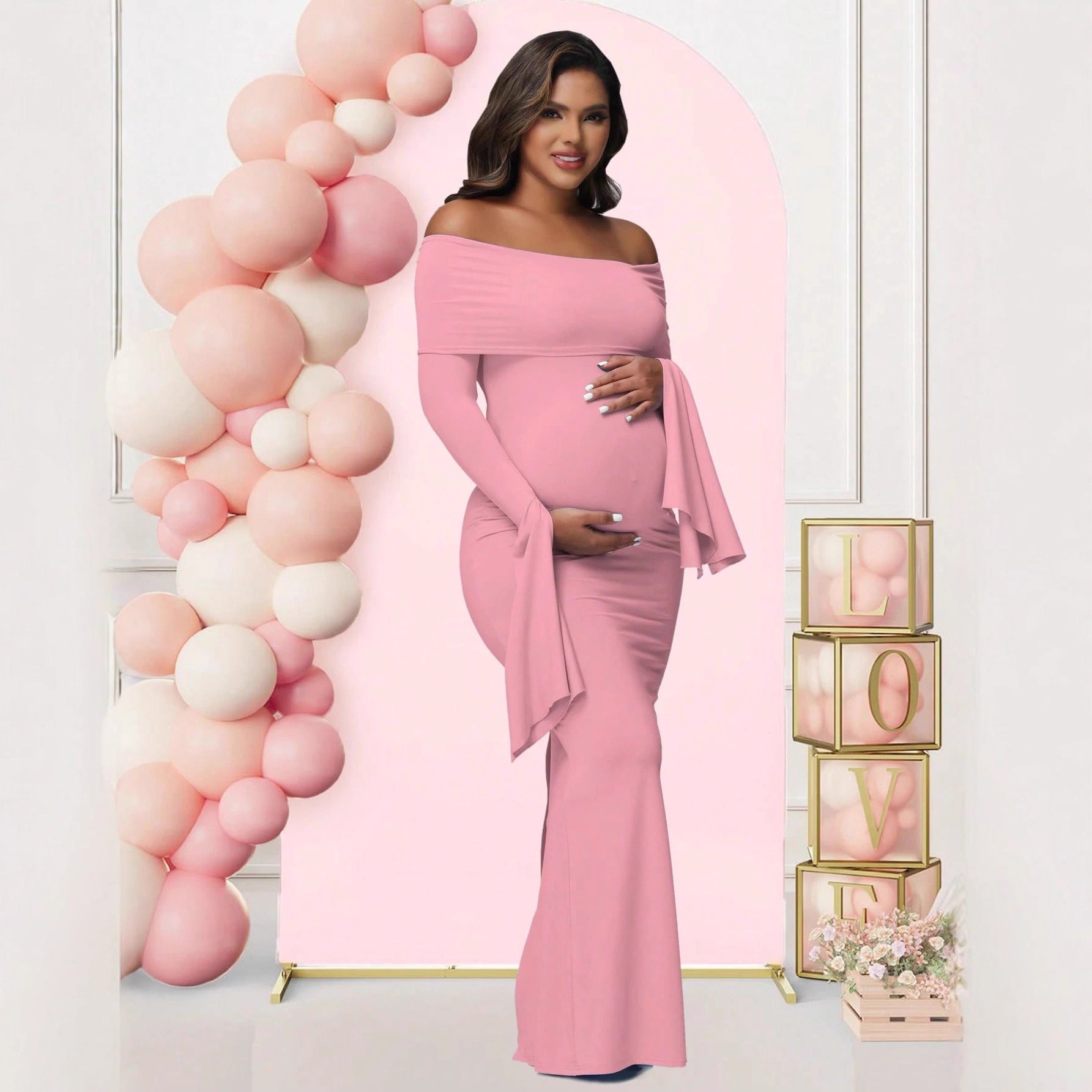 Flared Sleeve One-Shoulder Evening Dress Fitted Bodycon with Slit Maternity Dress - Plus Size Clothing