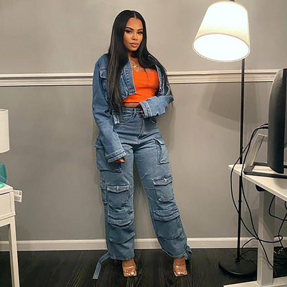 Plus Size Denim Cargo Pants with Multi-Pocket