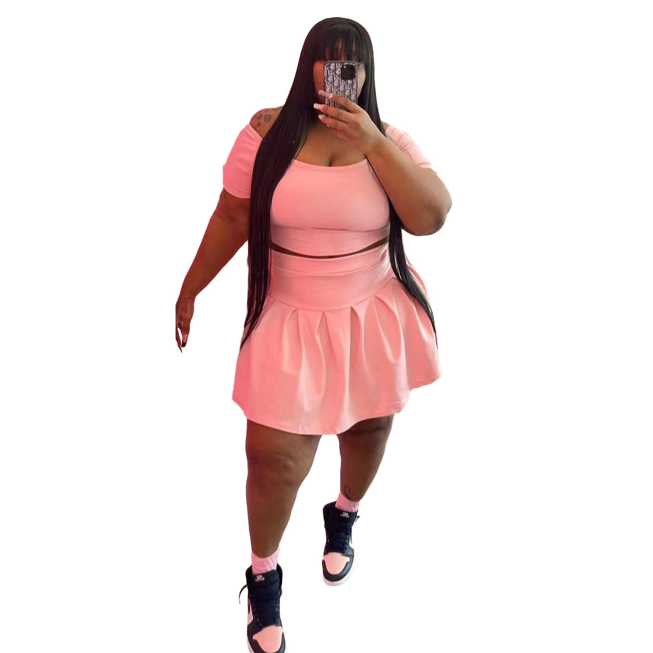 Plus Size Pleated Skirt Two Piece Set