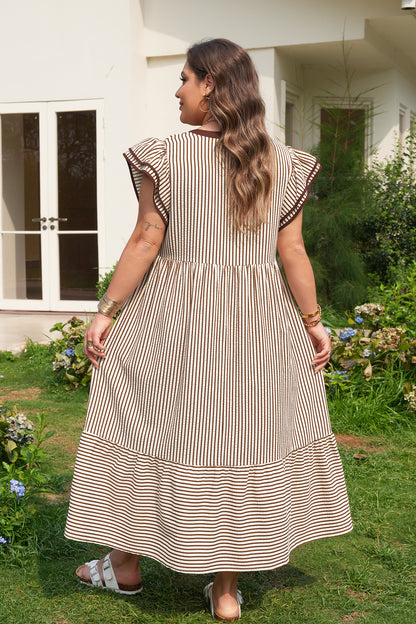 Plus Size Striped V-Neck Tiered Flutter Sleeve Maxi Dress - Plus Size Clothing