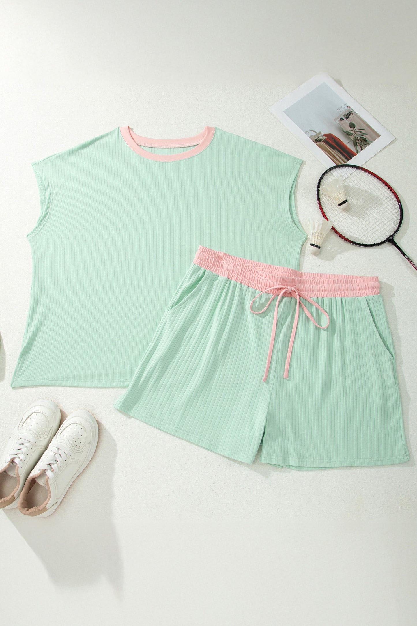 Plus Size Ribbed Color Block Trim Drawstring Shorts Set