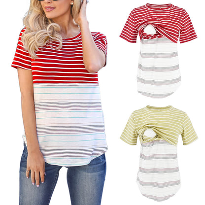 Plus Size Striped Patchwork Maternity Breastfeeding Top