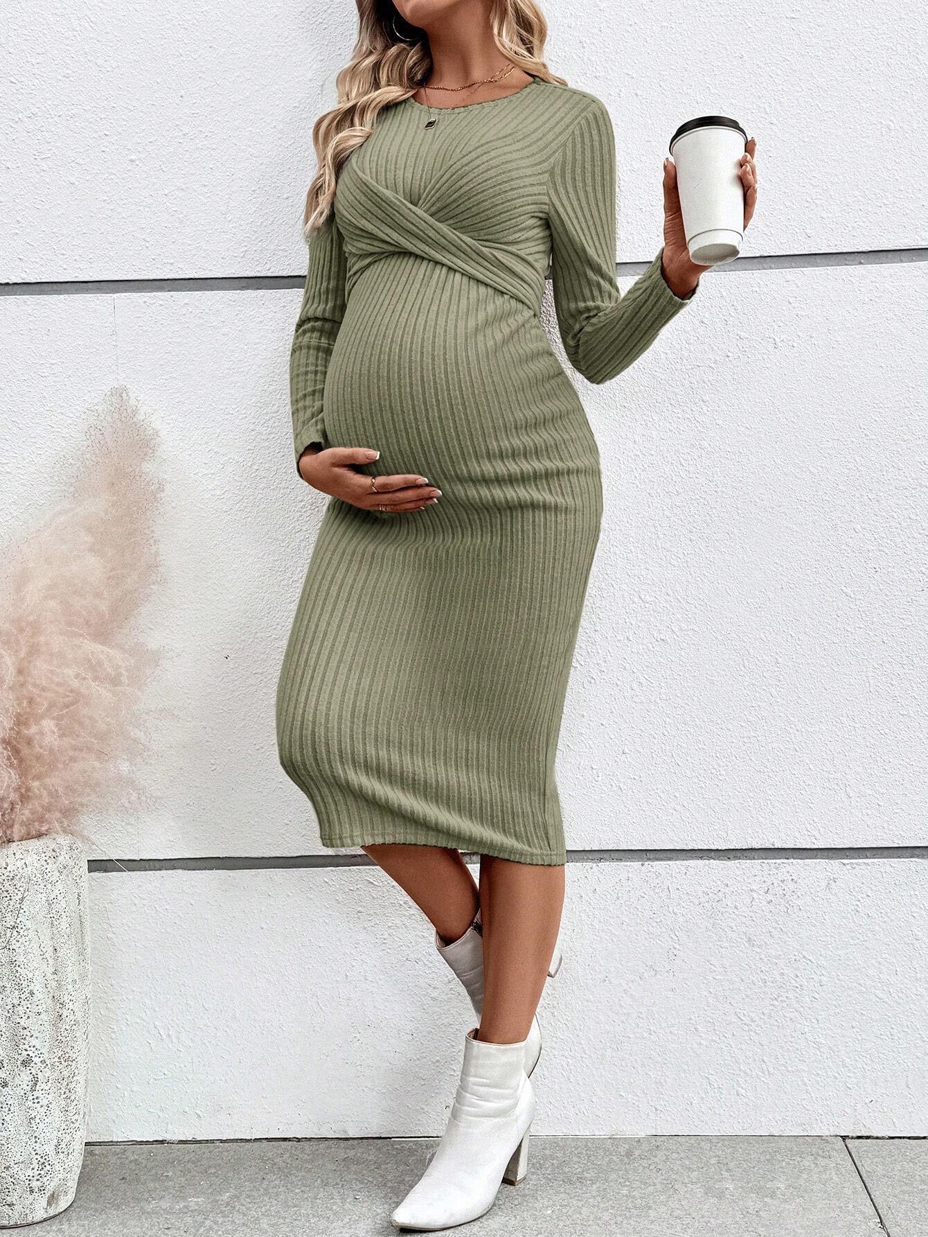 Plus Size Elegant Knot Maternity Dress Long Sleeve