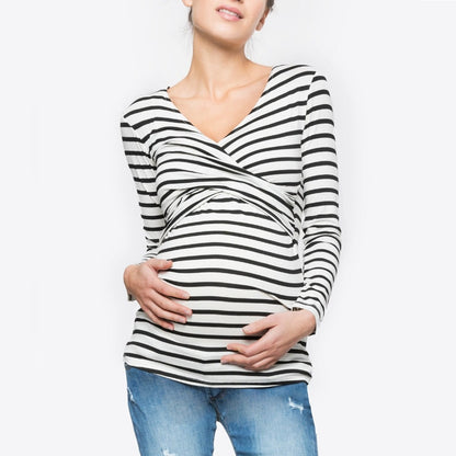 Autumn new V-neck long sleeved striped maternity postpartum clothing breastfeeding T-shirt - Plus Size Clothing
