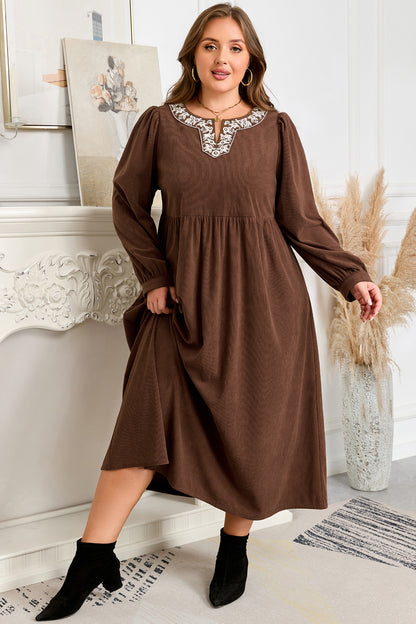 Plus Size Embroidered Notched Neck Pleated Midi Dress - Plus Size XL-4XL - View 7