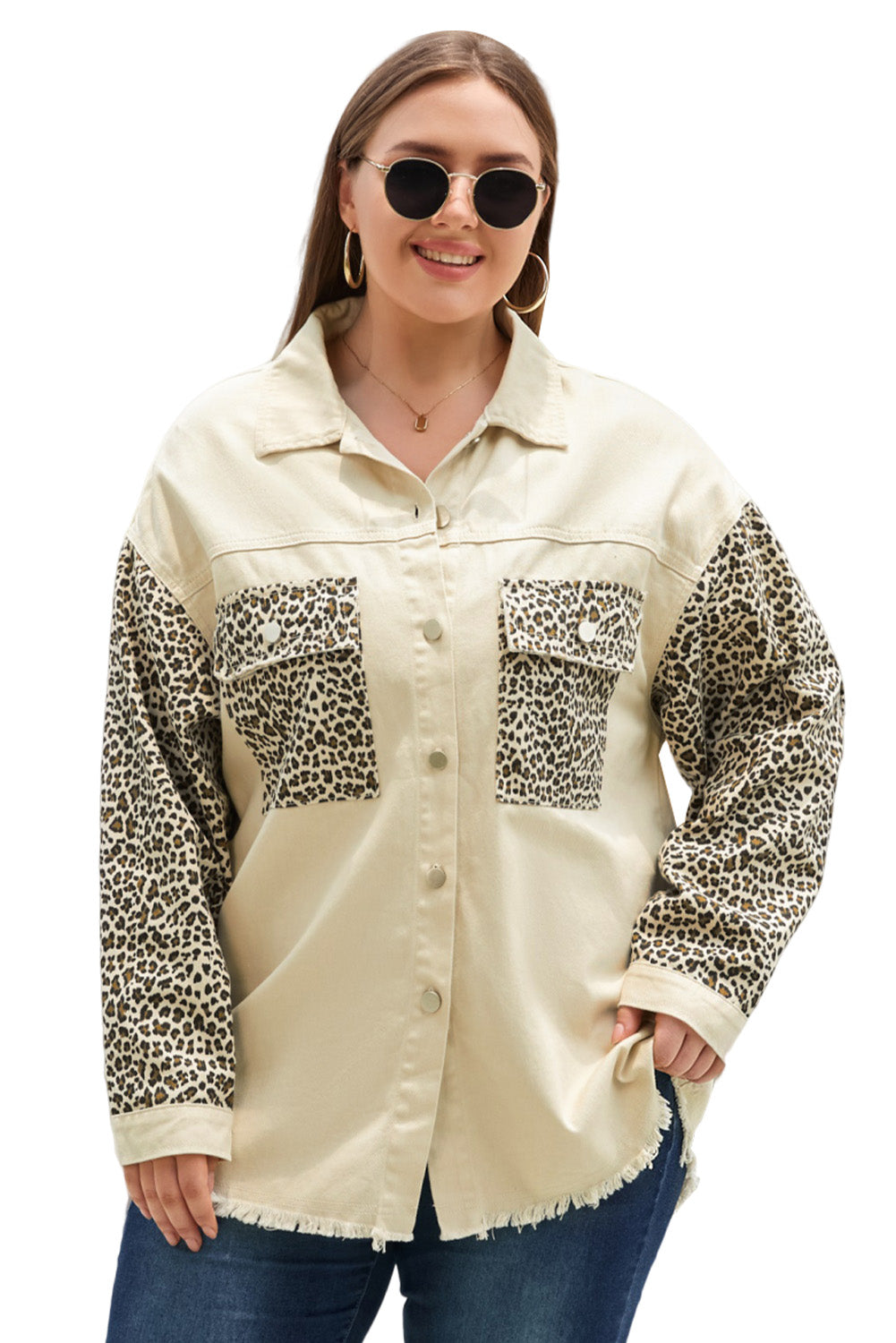 Plus Size Leopard Print Denim Jacket