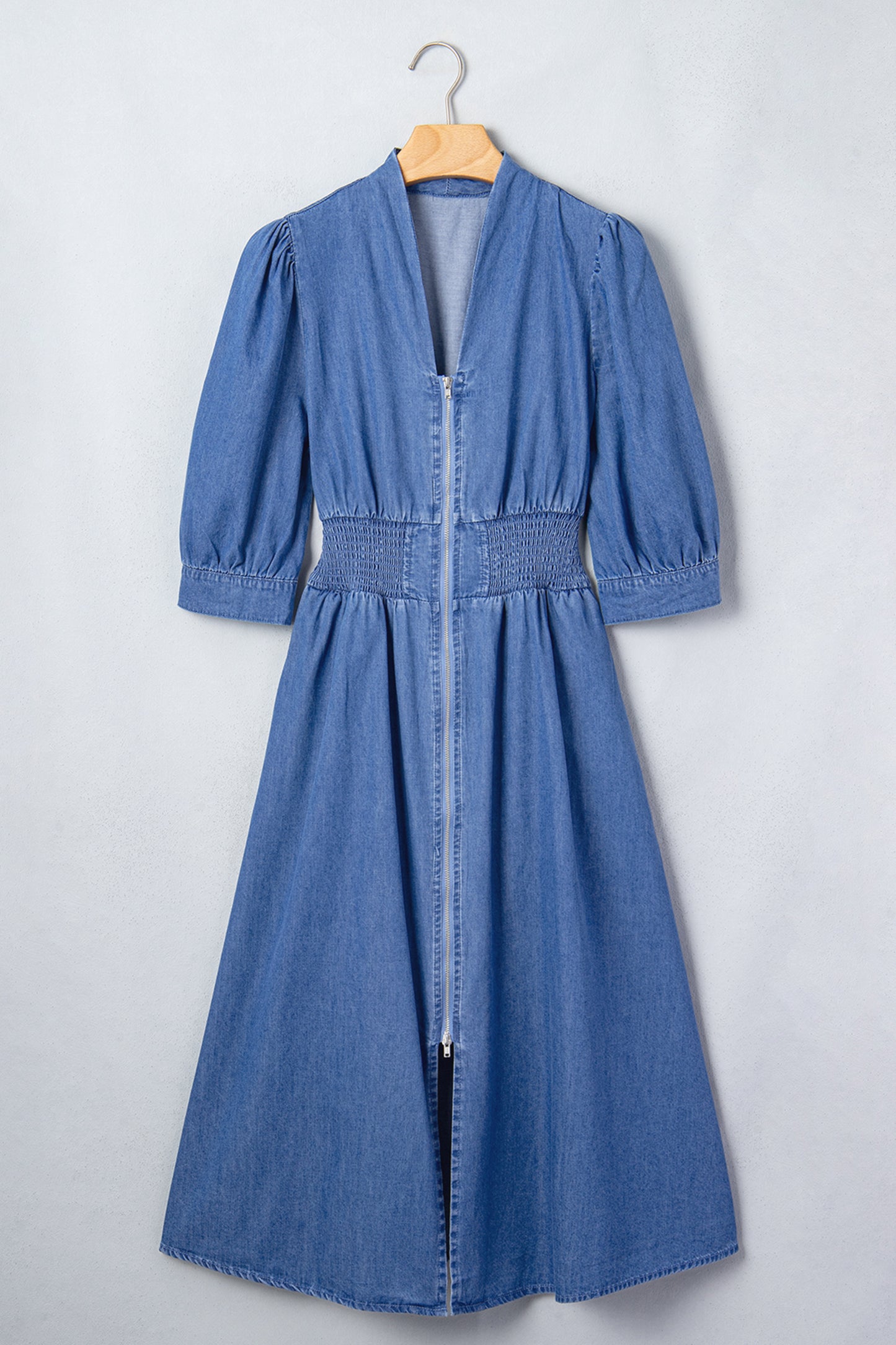 Plus Size V Neck Shirred Waist Denim Midi Dress - Plus Size Clothing