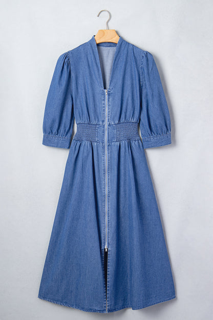 Plus Size V Neck Shirred Waist Denim Midi Dress - Plus Size Clothing